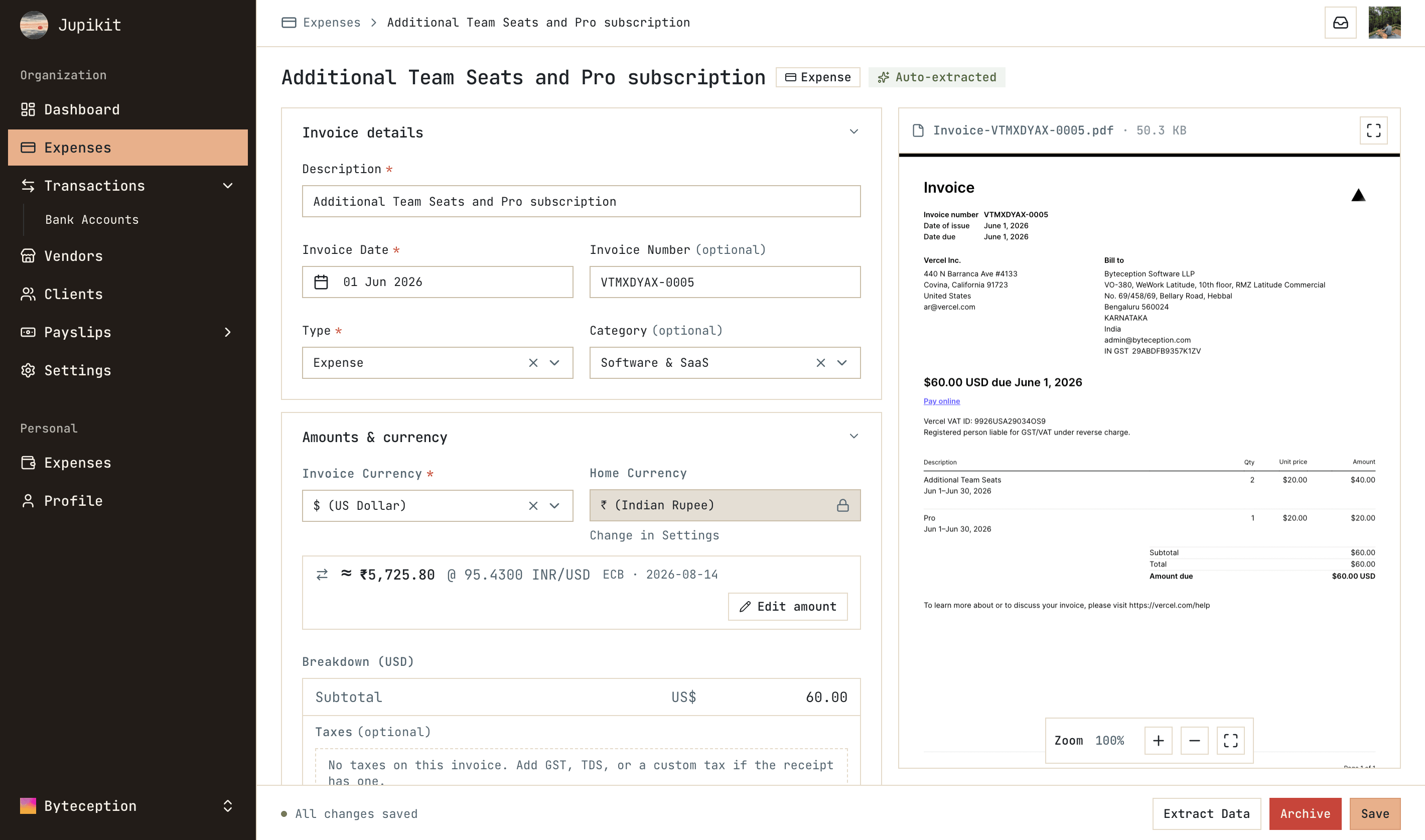 Expense form auto-extracted from an uploaded invoice