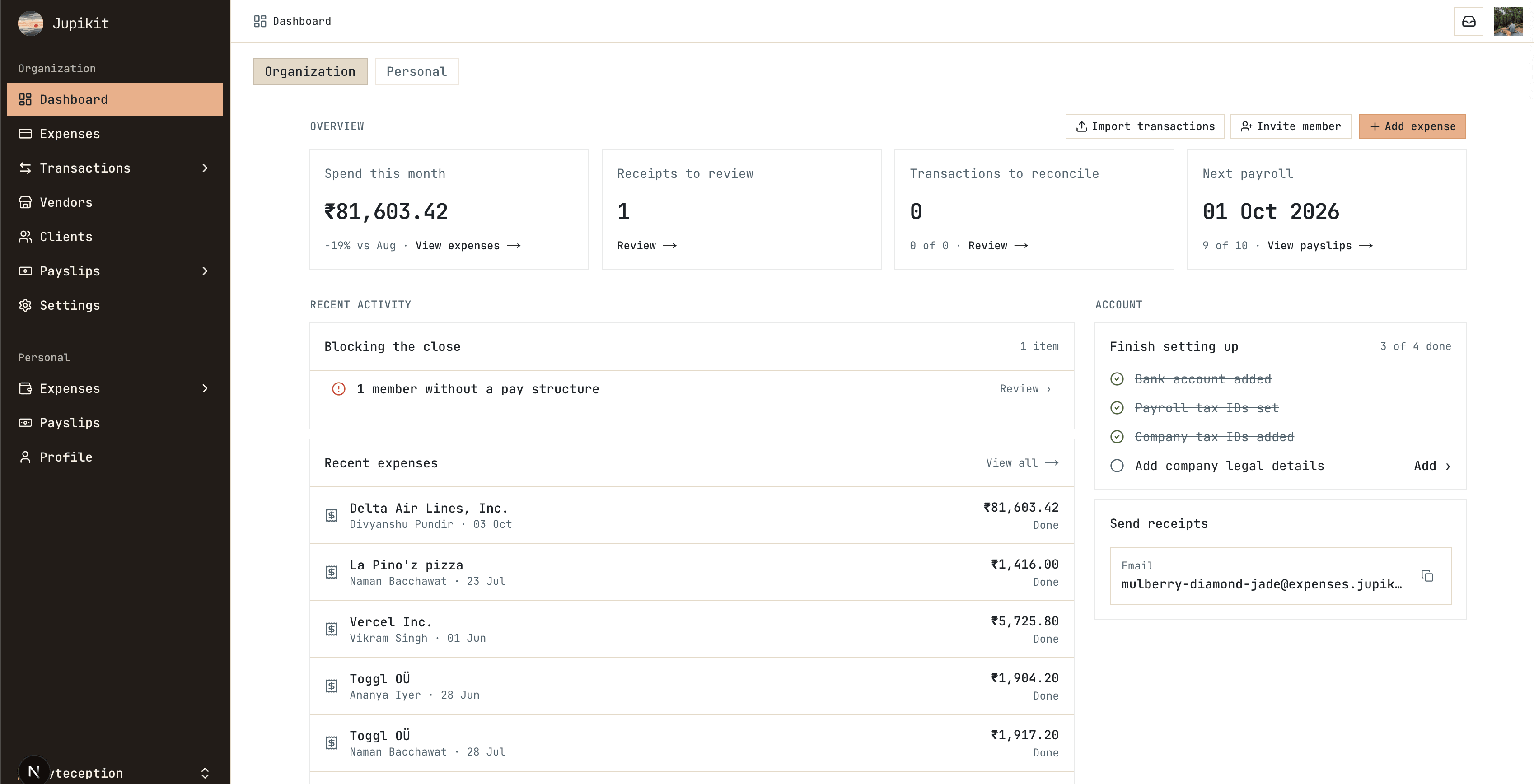 Finance dashboard with spend, receipts, and payroll metrics