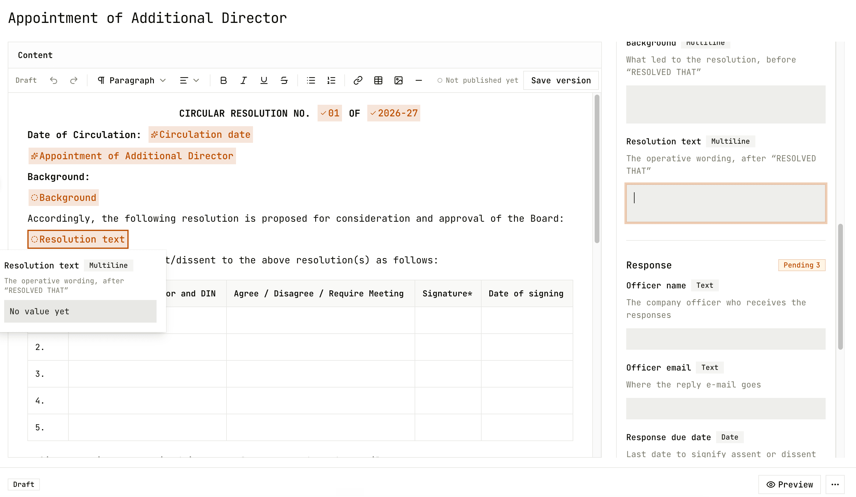 Document editor drafting a board resolution from a template