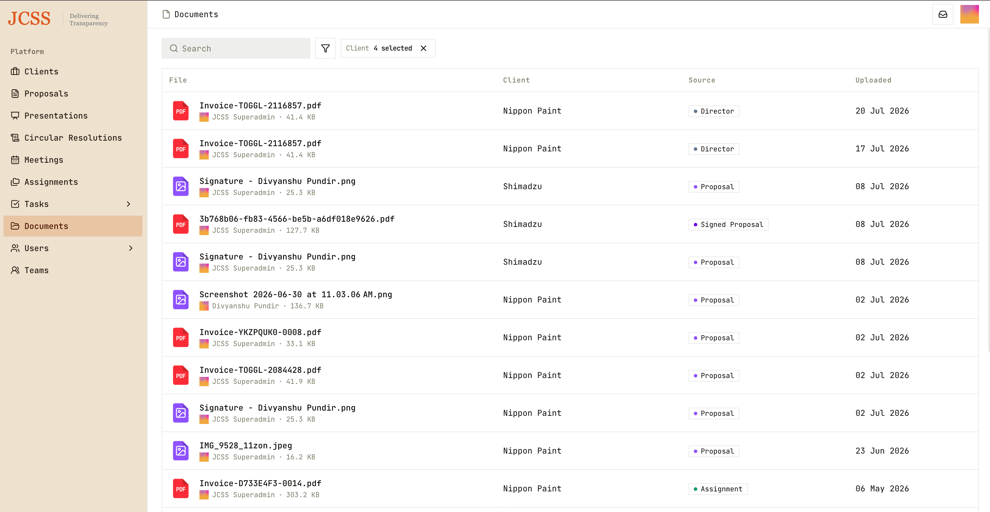 Document library with files grouped by client and source