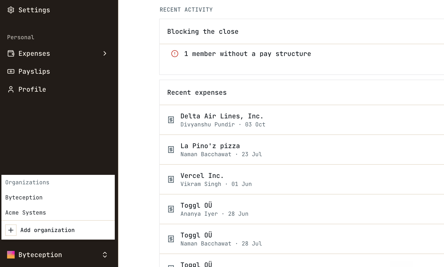 Switching between organisation workspaces