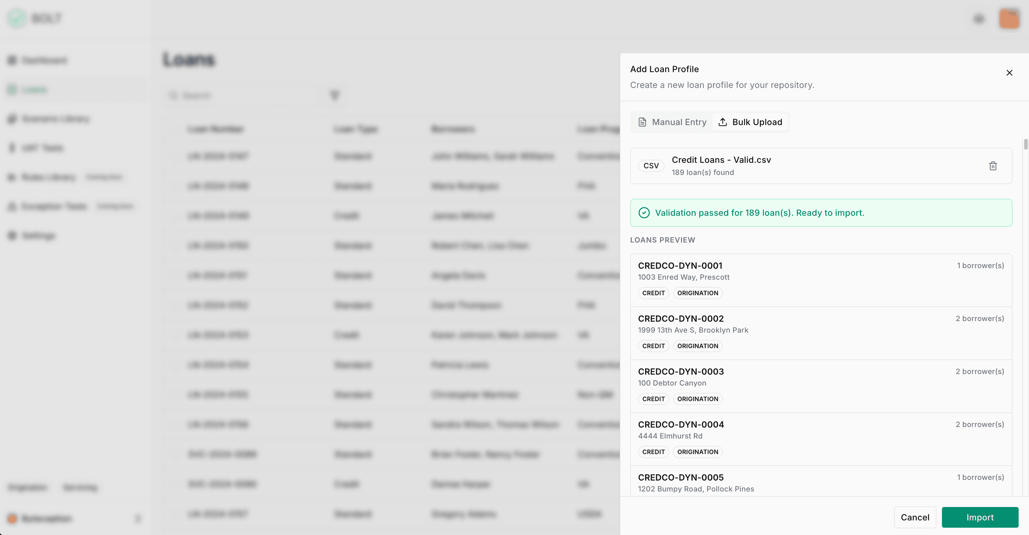 Bulk loan import with validation preview