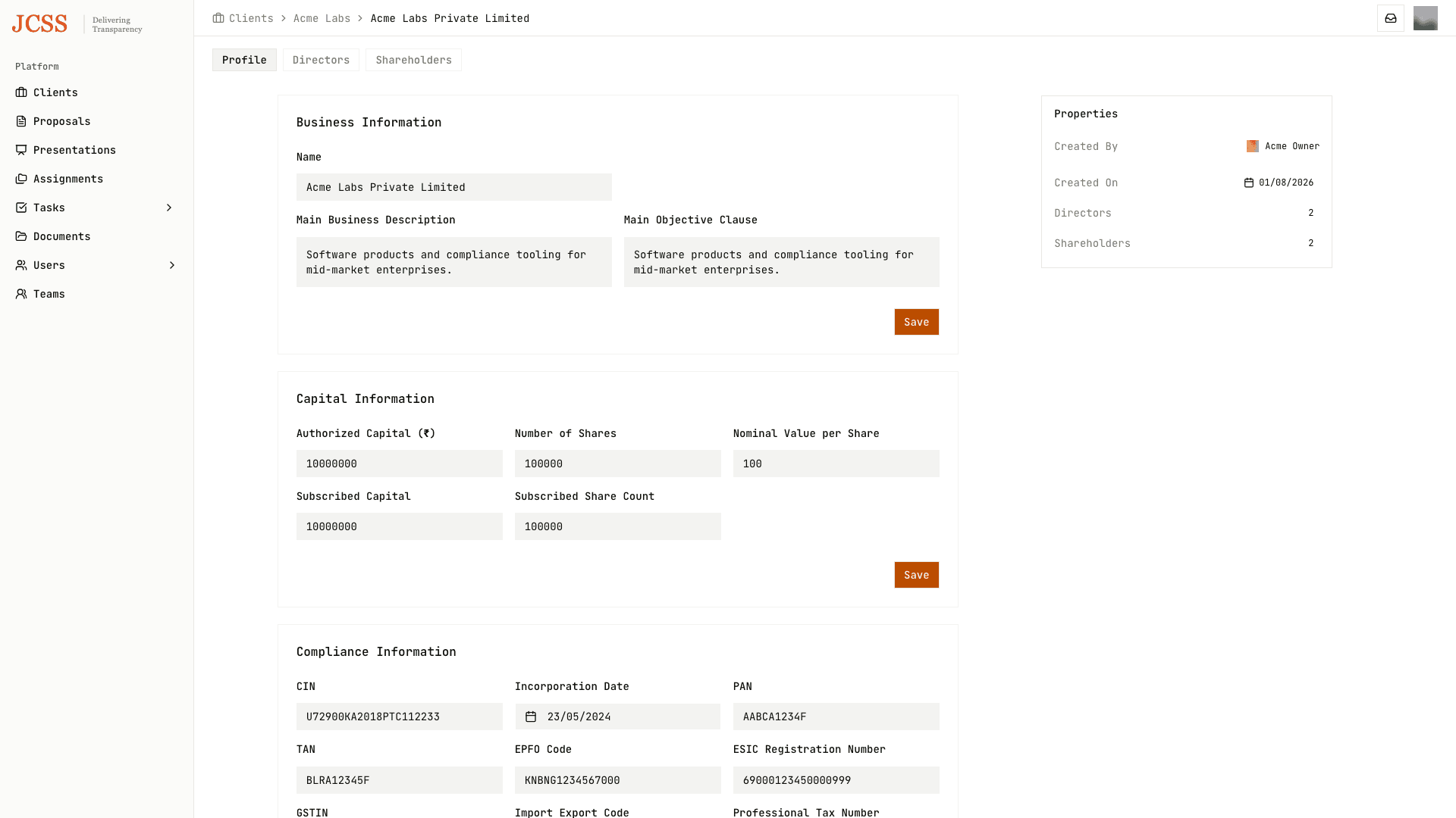 Company profile with statutory IDs, directors and shareholders