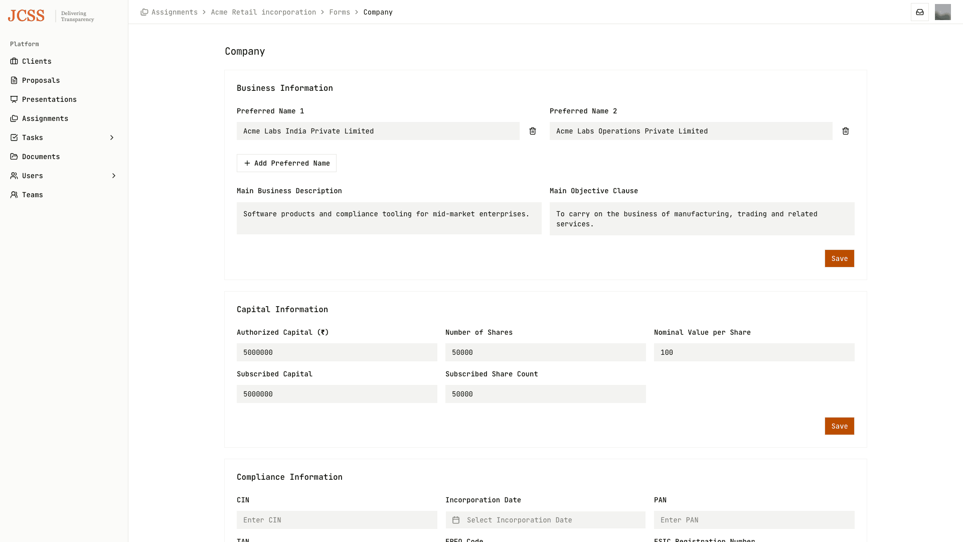 Incorporation company form with preferred names and capital details