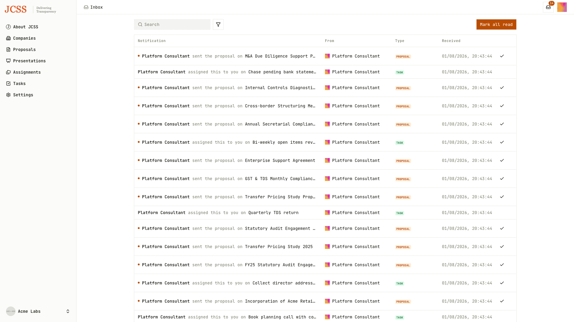 Inbox and notifications feed