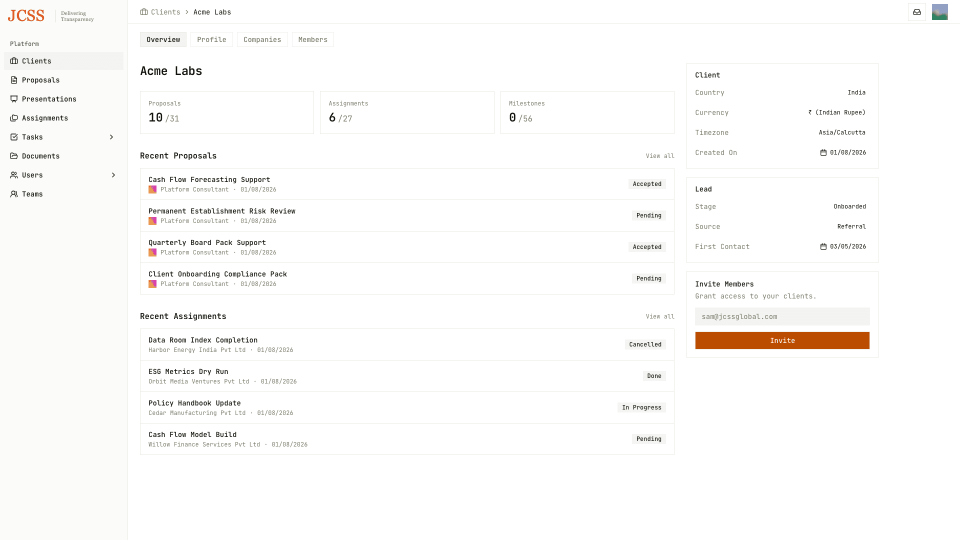 Client engagement overview with proposals, assignments and milestones