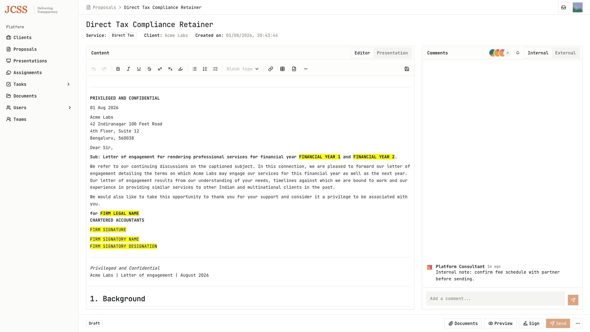 Proposal draft in the rich editor with comments