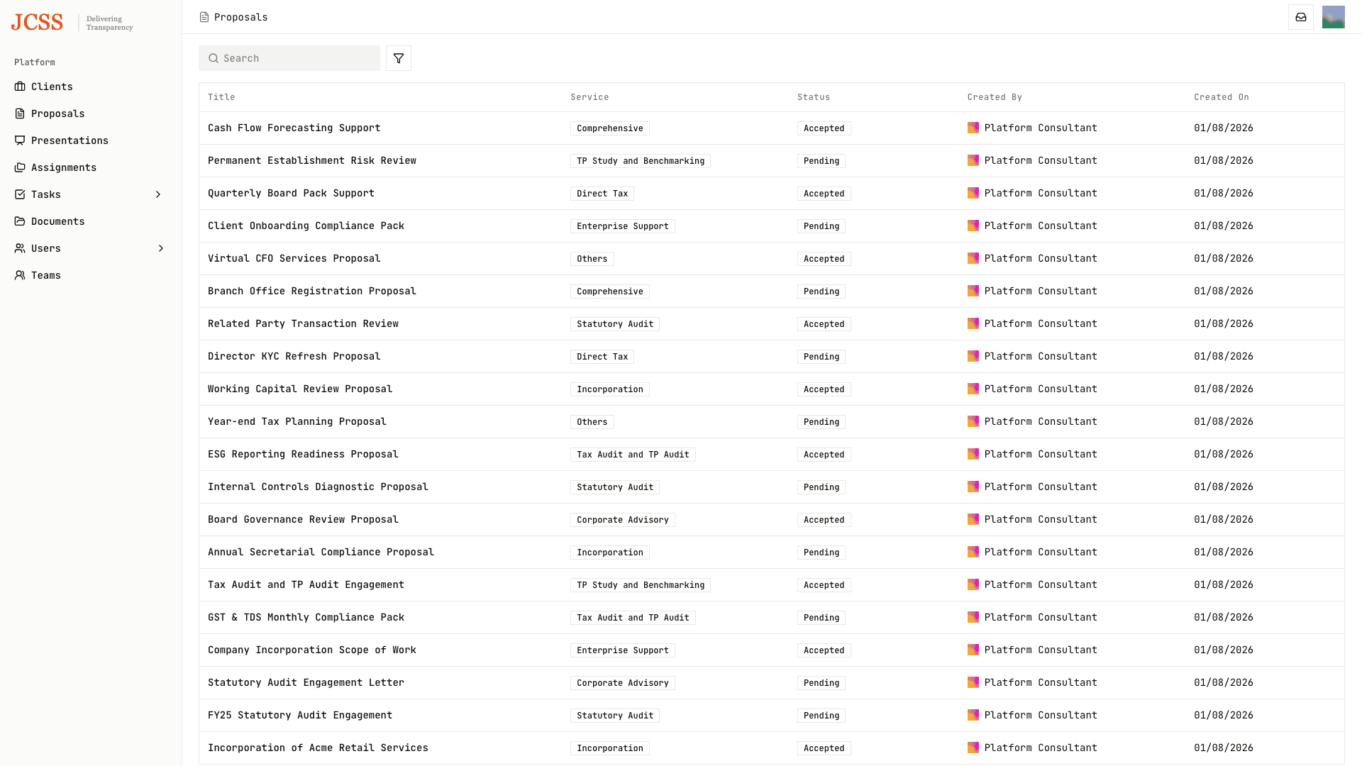 Proposals list with status across draft, sent and accepted