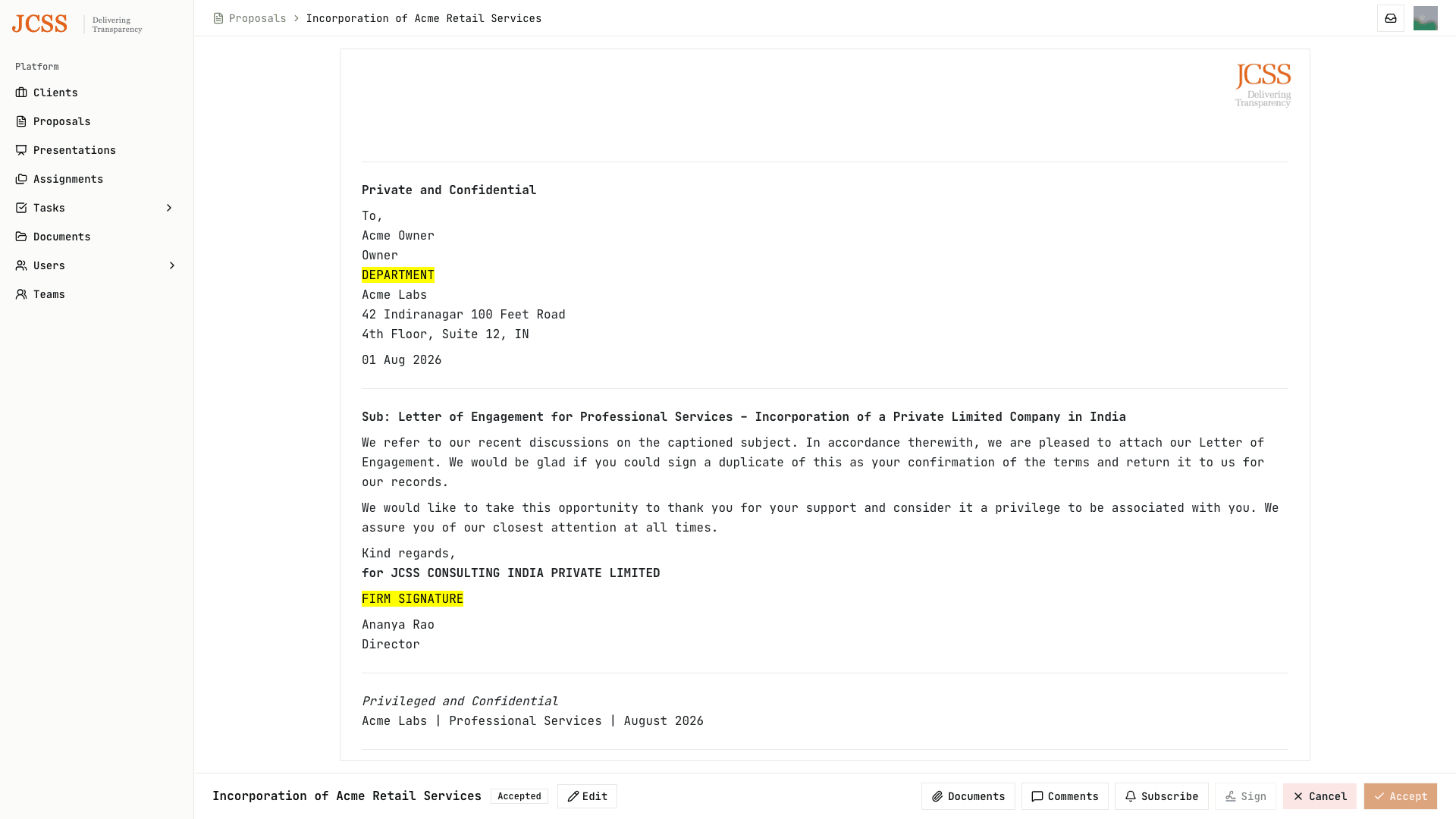 Client-facing proposal read view