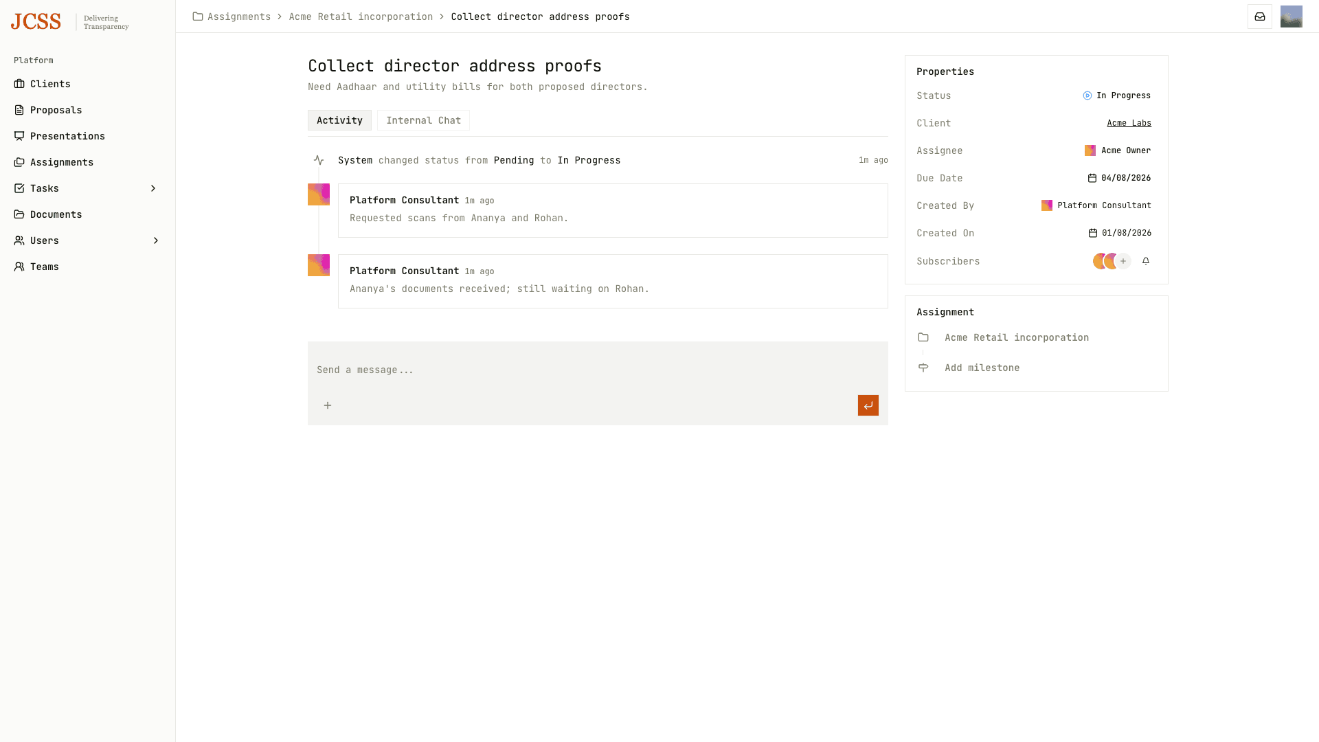 Task detail with assignee, due date, status and timeline
