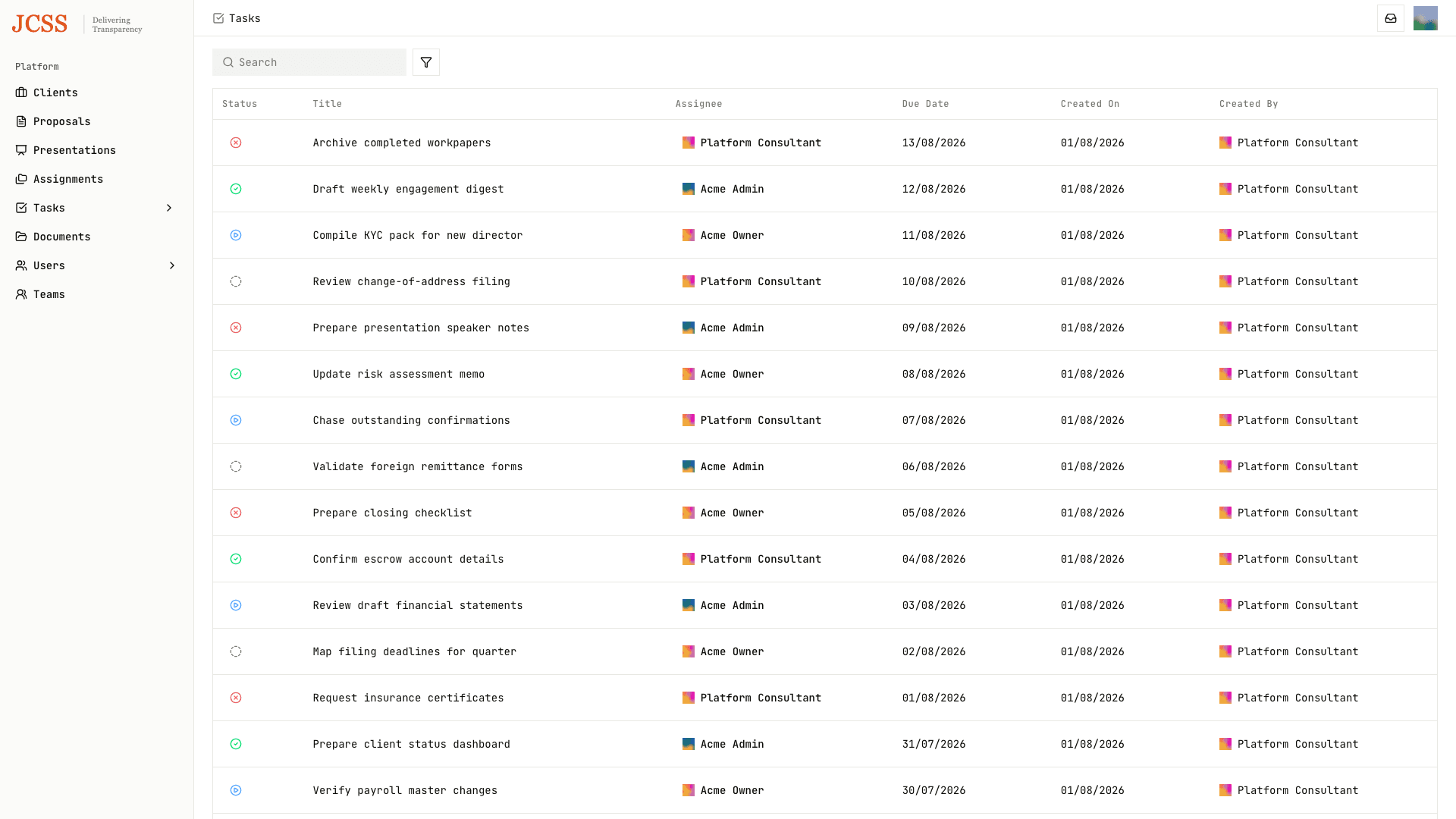 Tasks table with status filters